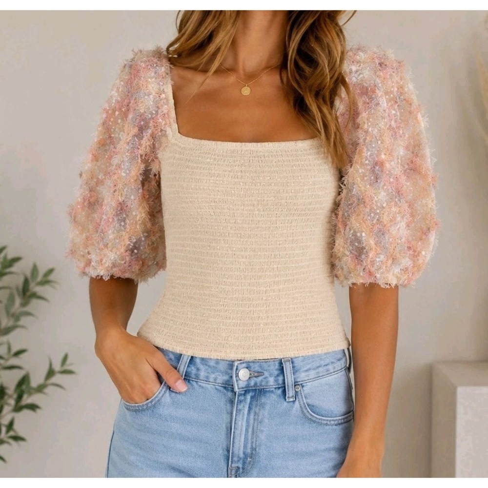 Intimately Free People XS Cream Sheer Mesh Puff Sleeve Romantic Cottagecore Top